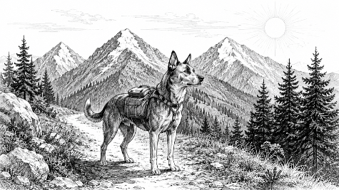 Dog on trail with tall mountains in the background.